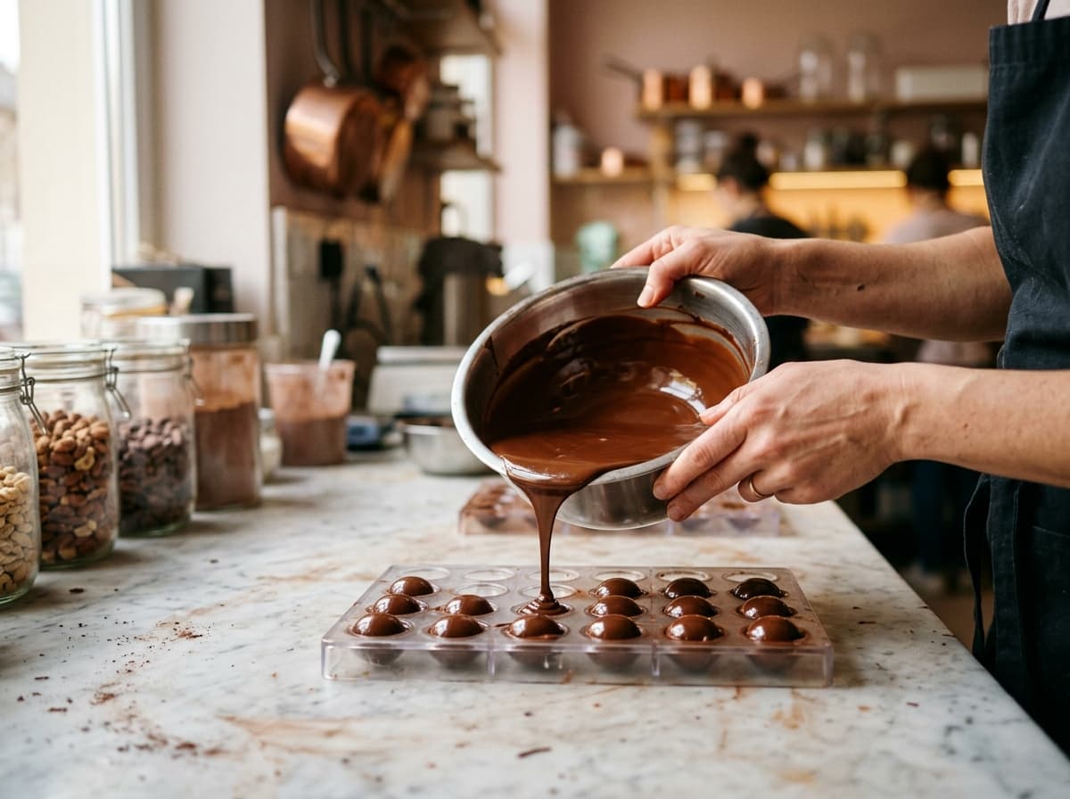 Hände giessen temperierte Schokolade in Pralinenformen