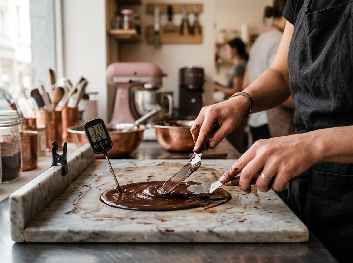 Chocolatier temperiert Schokolade auf einer Marmorplatte mit Thermometer