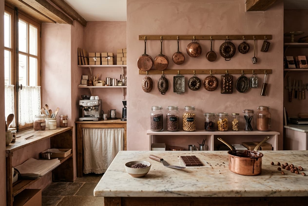 Blick in das Confiserie-Atelier mit Marmorplatte und Kupfertöpfen