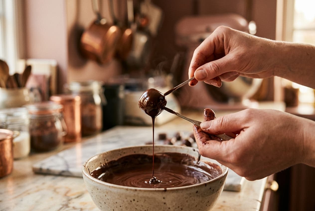 Hände tunken eine Praline in geschmolzene Schokolade
