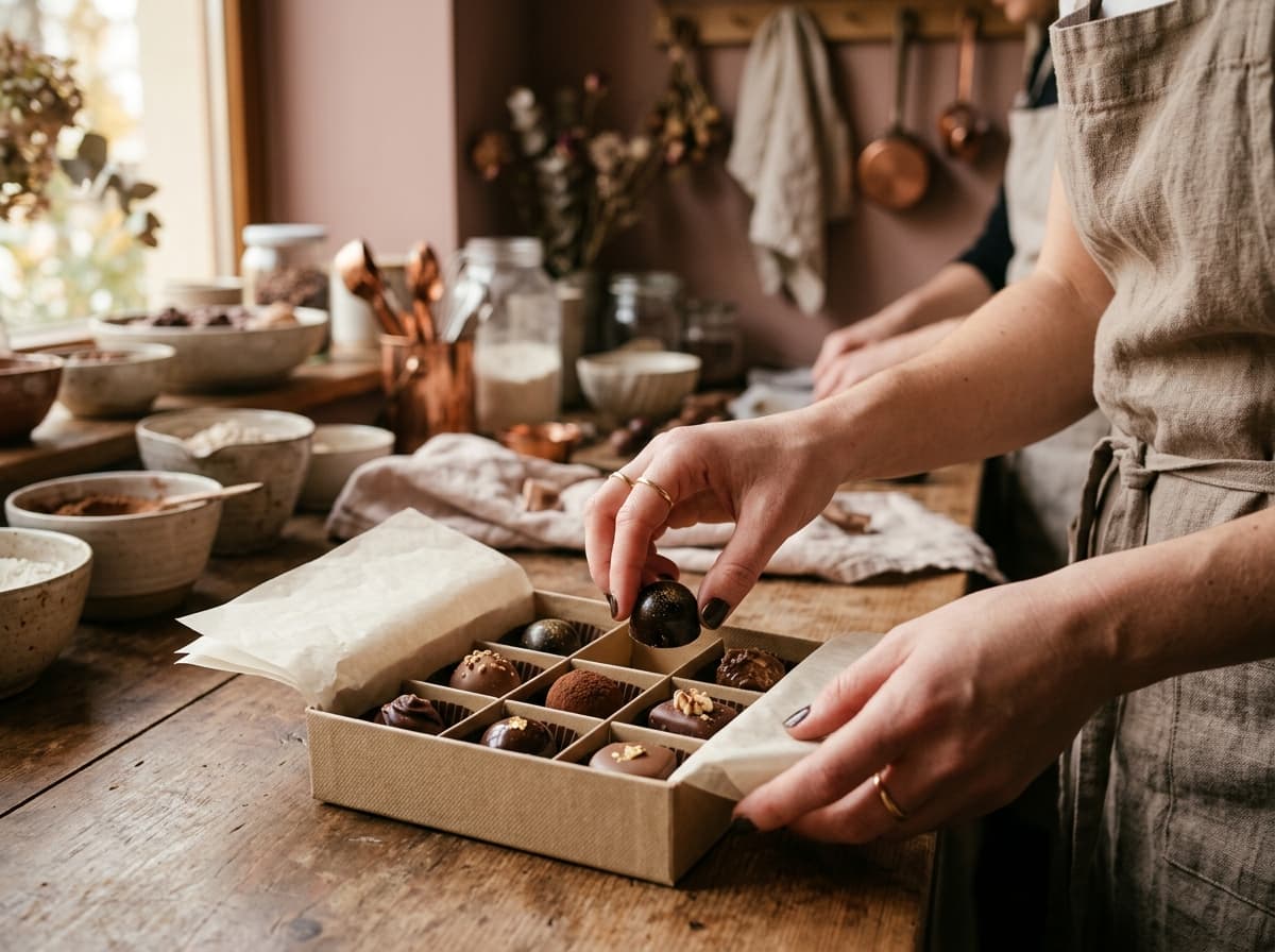 Hände legen fertige Pralinen in eine Geschenkbox