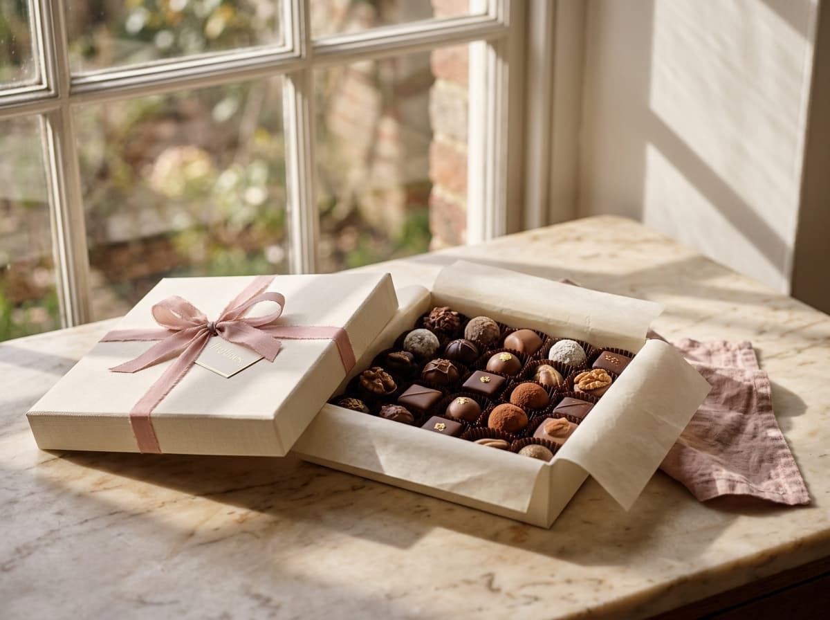 Geschenkbox mit Pralinen und Seidenband